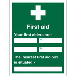 Cheap Stationery Supply of First Aid Sign 450x600 1mm First Aiders (Name & Location) KS008SRP450x600 *Up to 10 Day Leadtime* 135940 Office Statationery