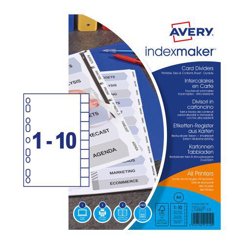 Avery Index Maker Divider 10Part Punched A4 White 01812061 AV07569