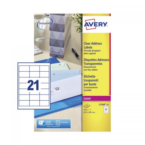 Avery Laser Address Labels 21 Per Sheet Clear (Pack of 525 AV17776