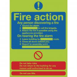 Cheap Stationery Supply of Safety Sign Niteglo Fire Action 300x250mm Self-Adhesive FR03527L SR11154 Office Statationery
